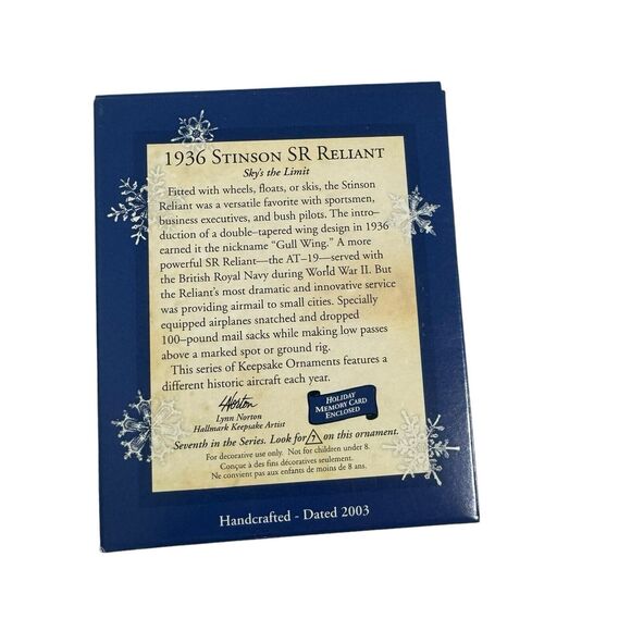 2003 Hallmark 7th Sky's the Limit 1936 Stinson SR Reliant New but SDB w/ Price - Picture 3 of 5